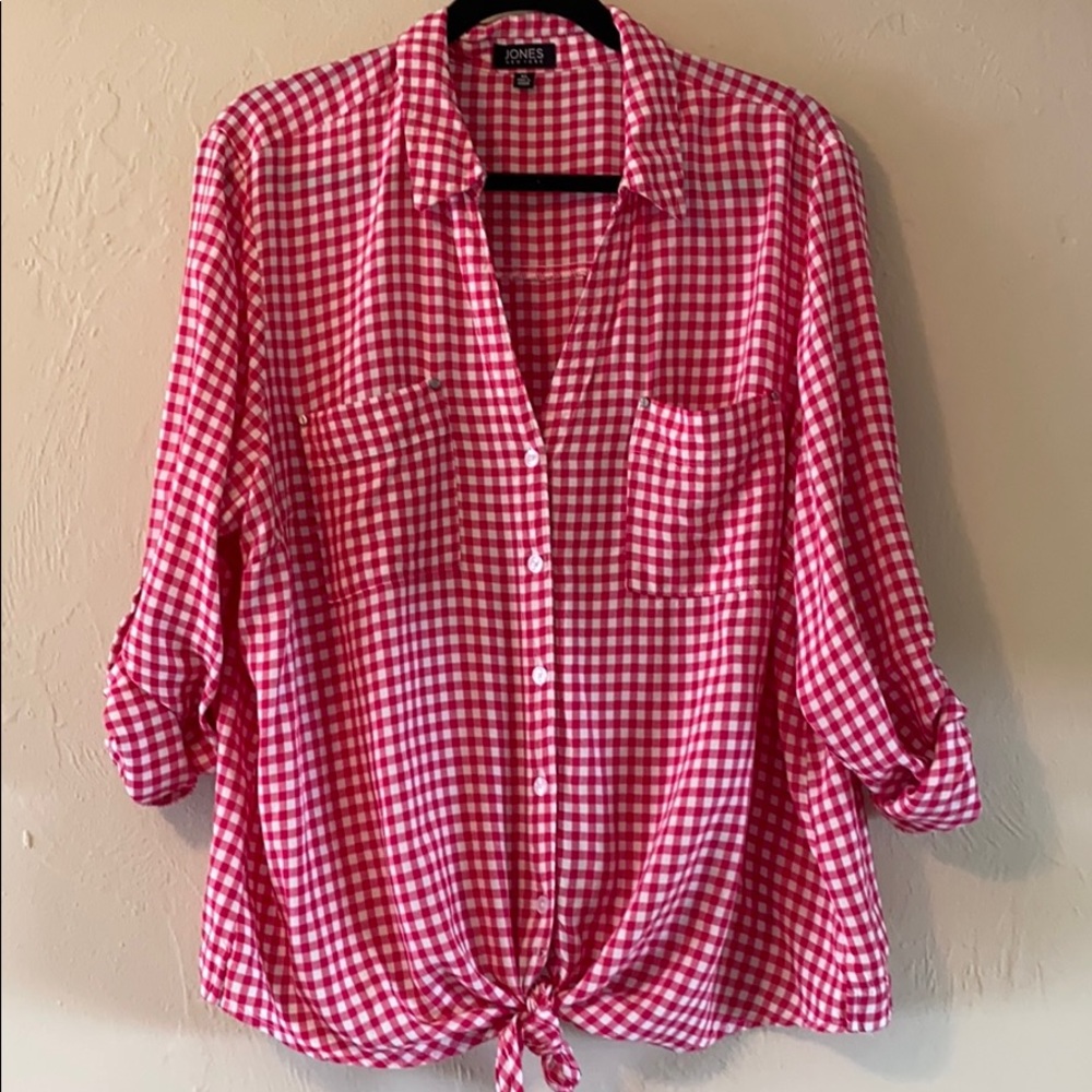 Pink and white gingham button up blouse